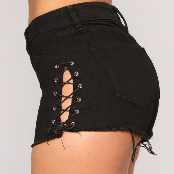 black denim lace up shorts